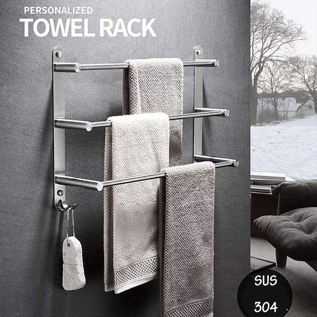 3-Tier Towel Rail with Hooks for Bathroom Wall Mounted Stainless Steel Towel Bar Brushed Nickel Towel Rack Rustproof Towel Bar 40/50/60CM(Silvery)