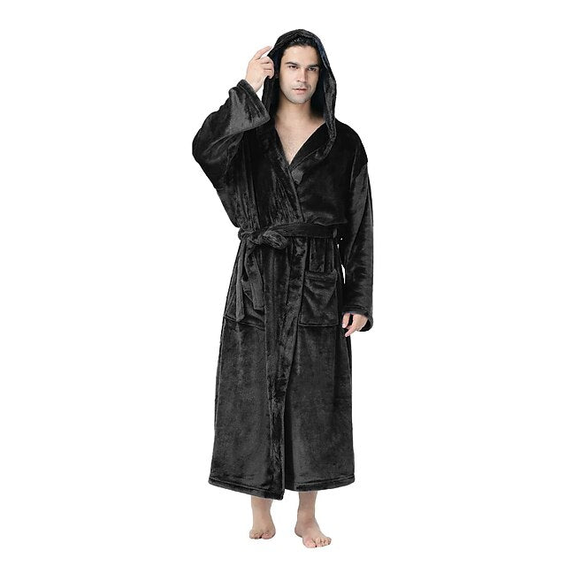 Men's Pajamas Robe Bathrobe Robes Gown 1 PCS Pure Color Fashion Soft Home Bed Spa Polyester Warm Long Robe Basic Winter Fall Wine Navy Blue