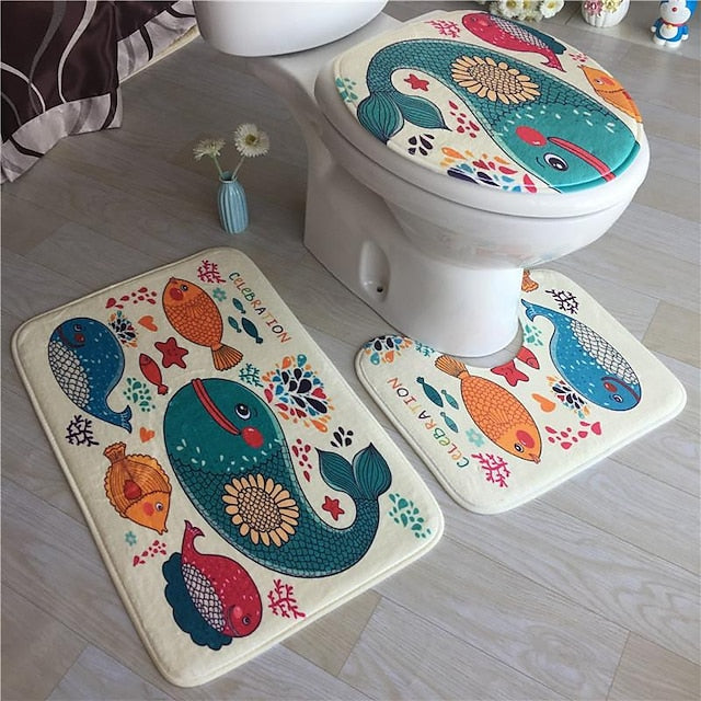 3Pcs/Set Bathroom Non-Slip Pedestal Rug + Lid Toilet Cover + Bath Mat Washable