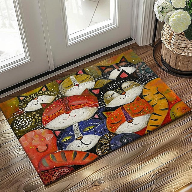 Folk Art Cats Doormat Kitchen Mat Floor Mat Non-Slip Area Rug Oil Proof Rug Indoor Outdoor Mat Bedroom Decor Bathroom Mat Entrance Entreyway Rug