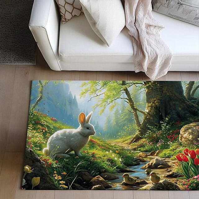 Forest Easter Bunny Area Rug Kitchen Mat Non-Slip Oil Proof Floor Mat Livingroom Rug Indoor Outdoor Mat Bedroom Decor Bathroom Mat Entrance Rug Door Mat