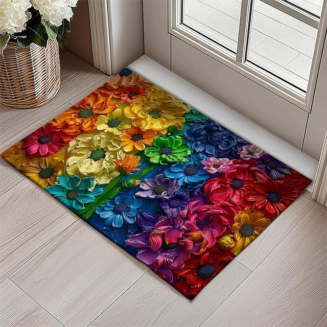 Valentine's Day Rainbow Flowers Doormat Non-Slip Oil Proof Rug Indoor Outdoor Mat Bedroom Decor Bathroom Mat Entrance Rug Door Mat