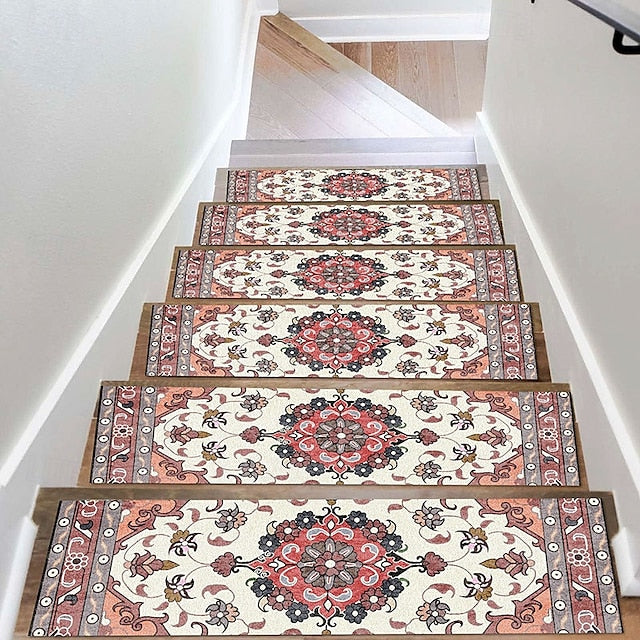 Step Tread Carpet Boho Style Non-Slip Carpet Stair Treads for Kids Elders and Pets Ethnic Design Stair Tread Mats