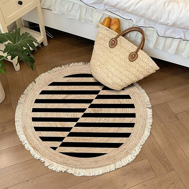 Hand Woven Cotton Linen Floor Mat Carpet Retro Bohemian Round Bedside Tassel Geometric Aubusson Doormat Area Rug Bedroom Decor Bathroom Mat Entrance Rug